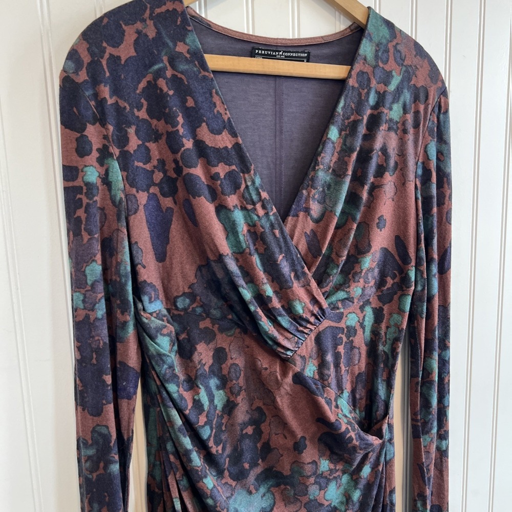 PERUVIAN CONNECTION Dress Faux Wrap Long Sleeve Midi Multicolor V Neck Size M - Picture 2 of 5